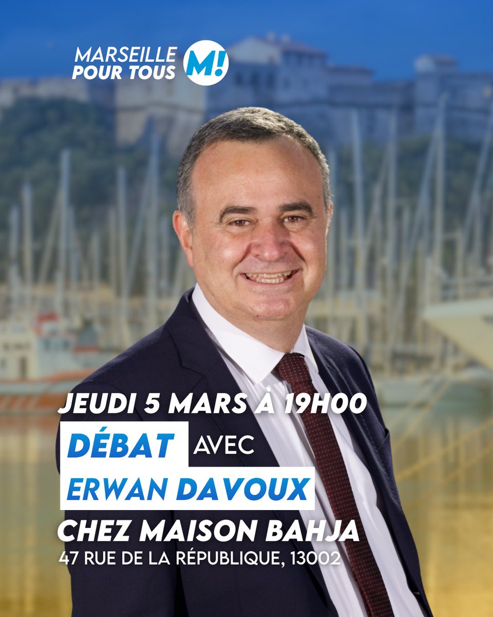 Erwan Davoux vous donne rendez-vous pour un débat le jeudi 5 mars à 19h chez Maison Bahja (2ème arrondissement) 
#Municipales2026 #Marseille #ElectionsMunicipales #Elections2026