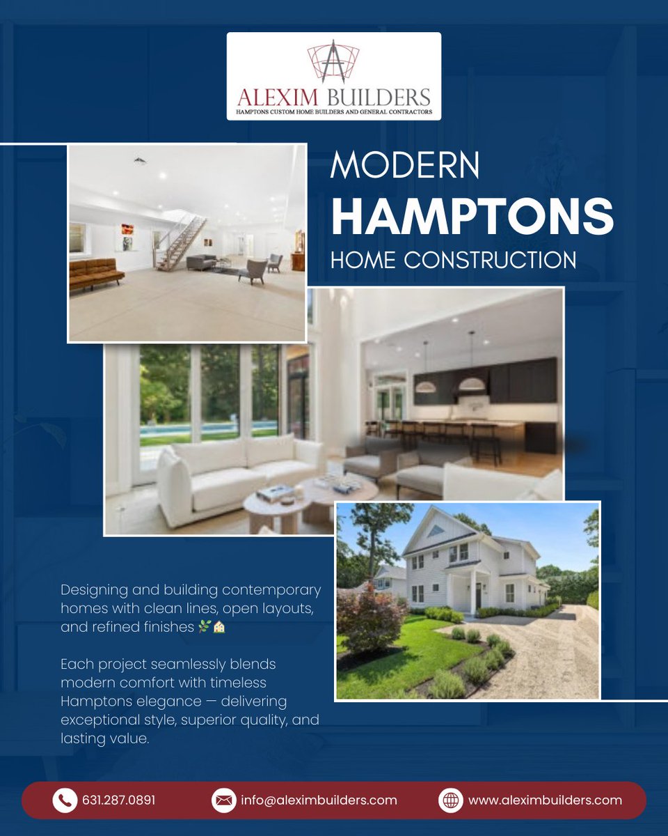 builders_alexim's tweet photo. 🏡✨ Modern Hamptons Home Construction
Designing and building contemporary homes with clean lines, open layouts, and refined finishes 🌿🏠
Modern living. Coastal luxury 🔨✨
#ModernHamptons #CustomHomes #HamptonsBuilders #LuxuryHomes #HomeConstruction #ContemporaryDesign https://t.co/cdXPh3NBjz