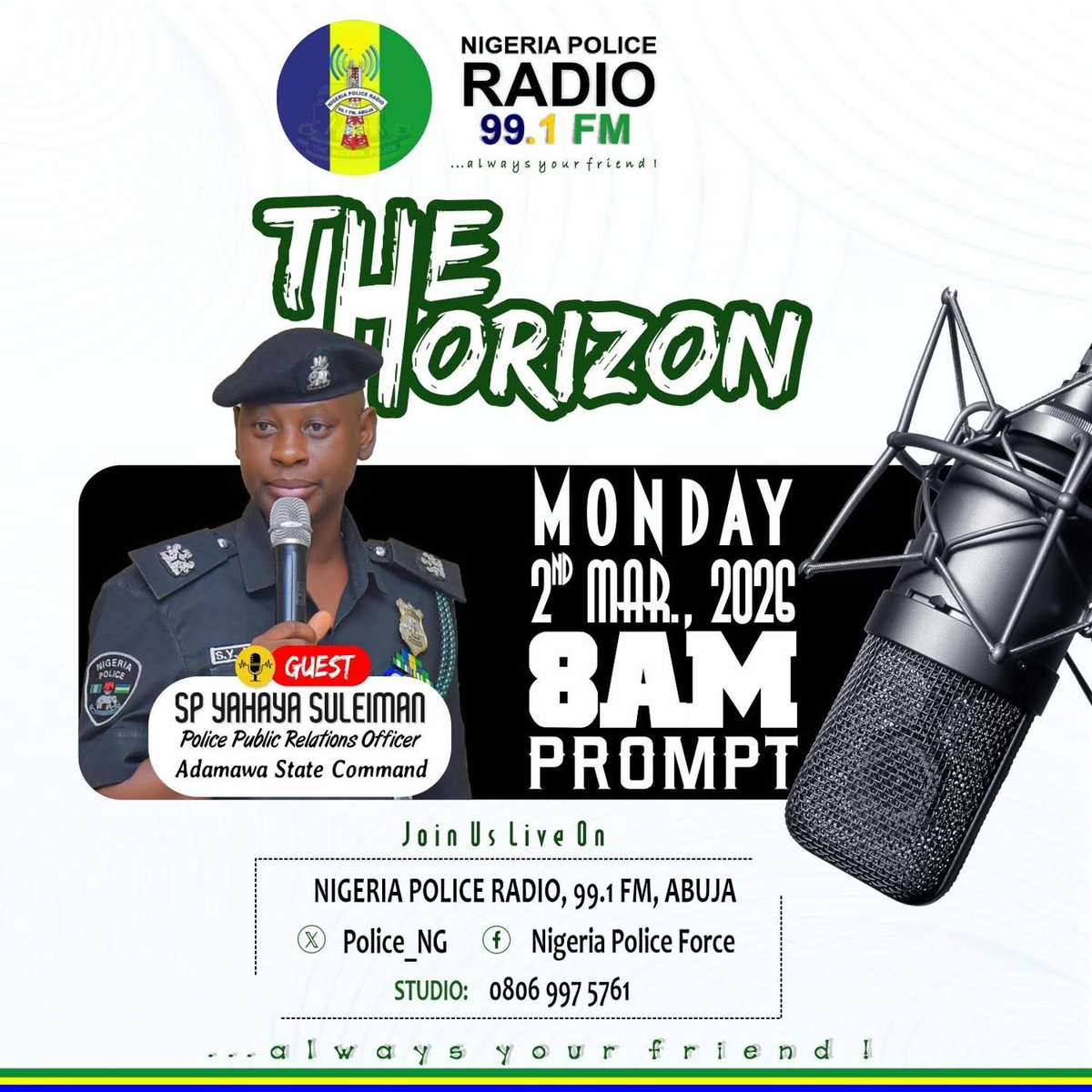 AdamawaPoliceNG's tweet photo. Join the Adamawa State Police PRO for a live interactive session on Nigeria Police Radio 99.1 FM tomorrow at 8:00 AM. You can also tune in on X (@PoliceNG) or Facebook (npfradio99.1fm). https://t.co/YXFYFauybv