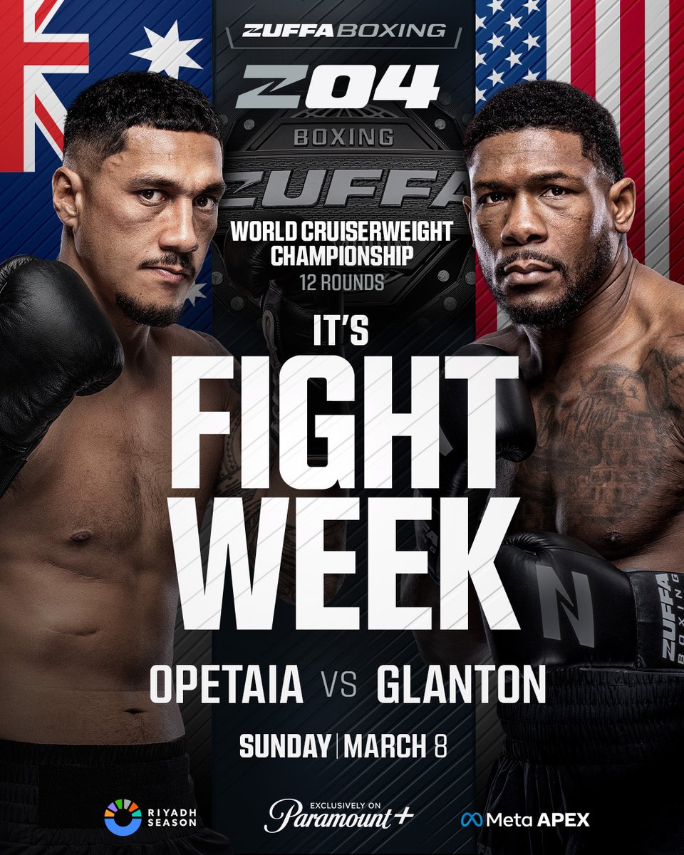 #ZuffaBoxing04 fight week is finally HERE‼️

🇦🇺 @JaiOpetaia1 v Brandon Glanton 🇺🇸

LIVE from the Meta APEX | 📺: @ParamountPlus | 9pmET | #RiyadhSeason | <a href="/RiyadhSeason/">موسم الرياض | Riyadh Season</a>
