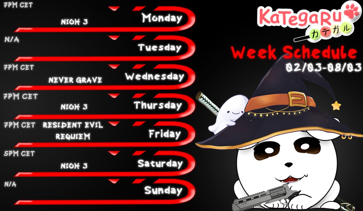 WEEK SCHEDULE IS  UP!
We are finishing Nioh 3 this week(hopefully!)
Start another coop game with Fangs - Never Grave!
Playing RE9!
BIG DISCLAIMER: This week gonna full office for me so I may cancel stuff if I'm too tired or dragged out after work to be social!
See you tomorrow!🤍