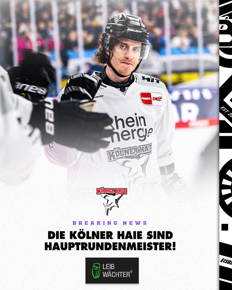 Glückwunsch in die Domstadt! 😮‍💨🦈

Was für eine Hauptrunde der Kölner Haie! Durch den heutigen Erfolg in München und die gleichzeitige Adler-Niederlage gegen Straubing feiern die Rheinländer bereits fünf (!) Spieltage vor Ende die Hauptrundenmeisterschaft. 🔥

Gleichzeitig ist