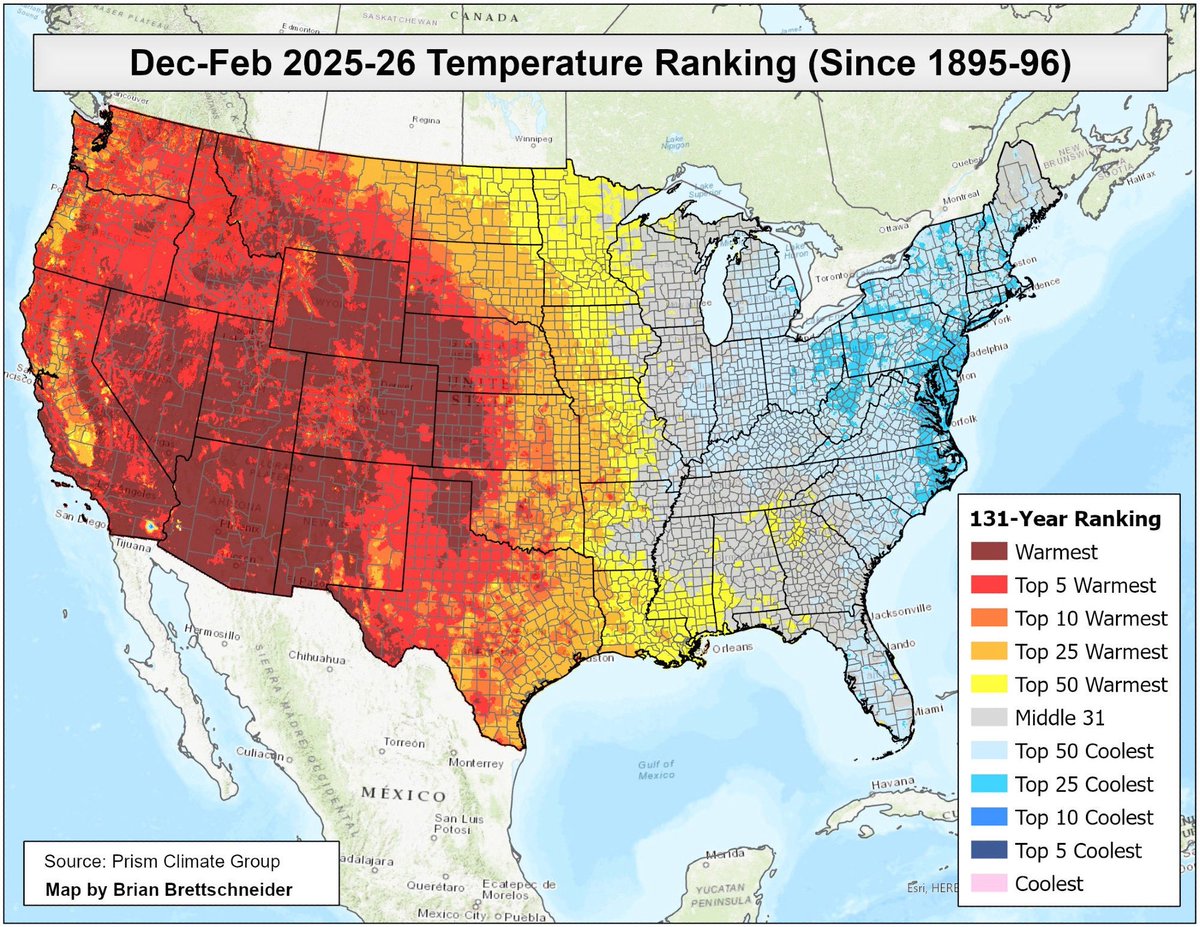 🌡️ 2ème hiver le plus chaud jamais observé depuis au moins 1895 aux États-Unis contiguës (données PRISM) 🇺🇸

Via climatologist49
