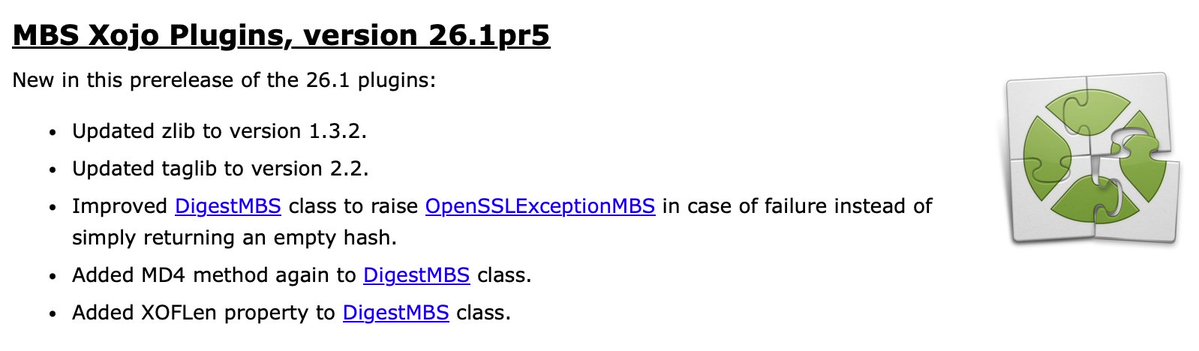 MBS #Xojo Plugins, version 26.1pr5

Updated zlib to version 1.3.2.
Updated taglib to version 2.2.
Improved DigestMBS class to raise OpenSSLExceptionMBS in case of failure
Added MD4 method and XOFLen property to DigestMBS class.

mbsplugins.de/archive/2026-0…
