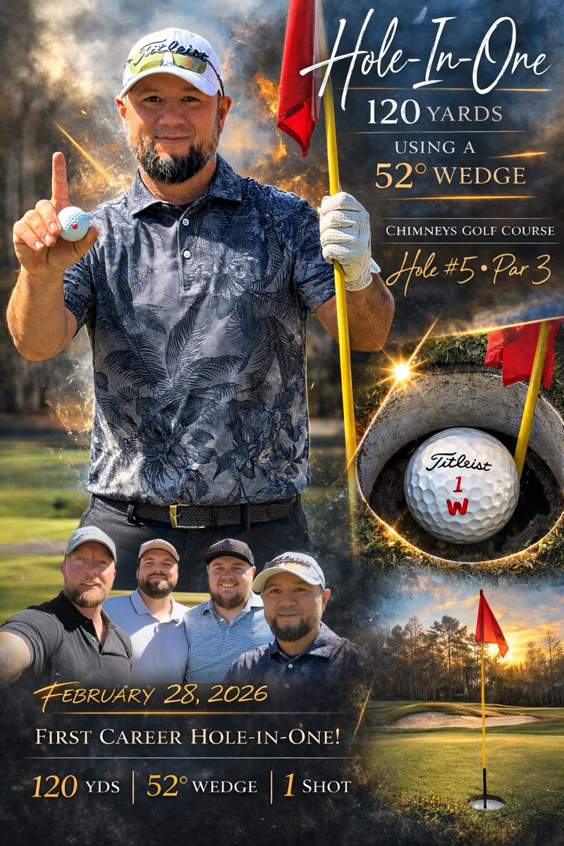 ChimneysGolf's tweet photo. 🚨Hole-in-One alert! Congratulations to Will Lemons on his first ever HIO yesterday on hole 5 from 120 yards with a 52' wedge! 🏌 We hope it is the first of many! ⛳🙌
#chimneysholeinoneclub #holeinone #chimneysgolfcourse #golfshot #ace https://t.co/KBWsseAI9f