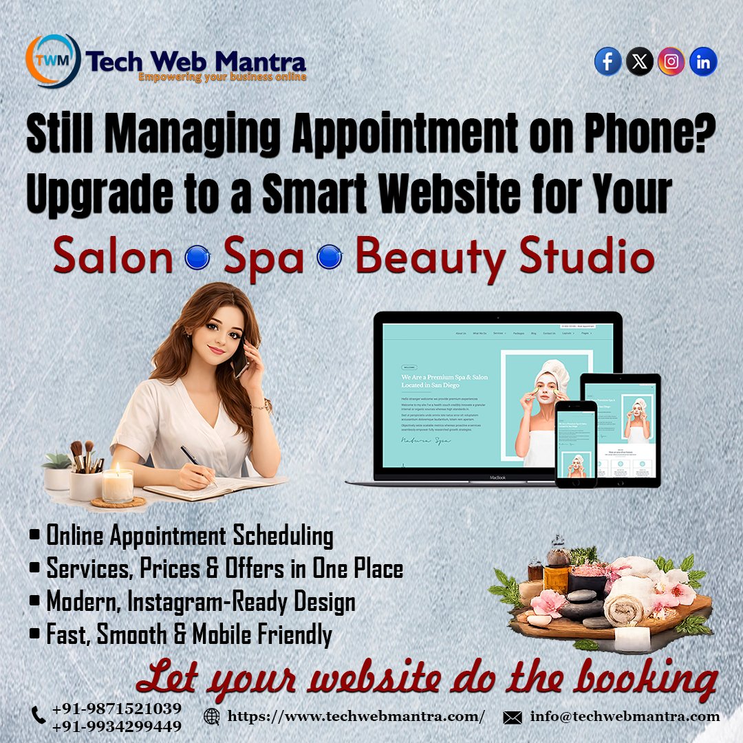 techwebmantra2's tweet photo. Still managing salon bookings manually?
Upgrade to a smart salon website with Tech Web Mantra
✔️ Online appointments
✔️ Mobile-friendly & modern design
✔️ Built to grow your beauty business
+91-9871521039
https://t.co/i6vmn2zBjS
#SalonWebsite #TechWebMantra https://t.co/zYx1qoLEeI