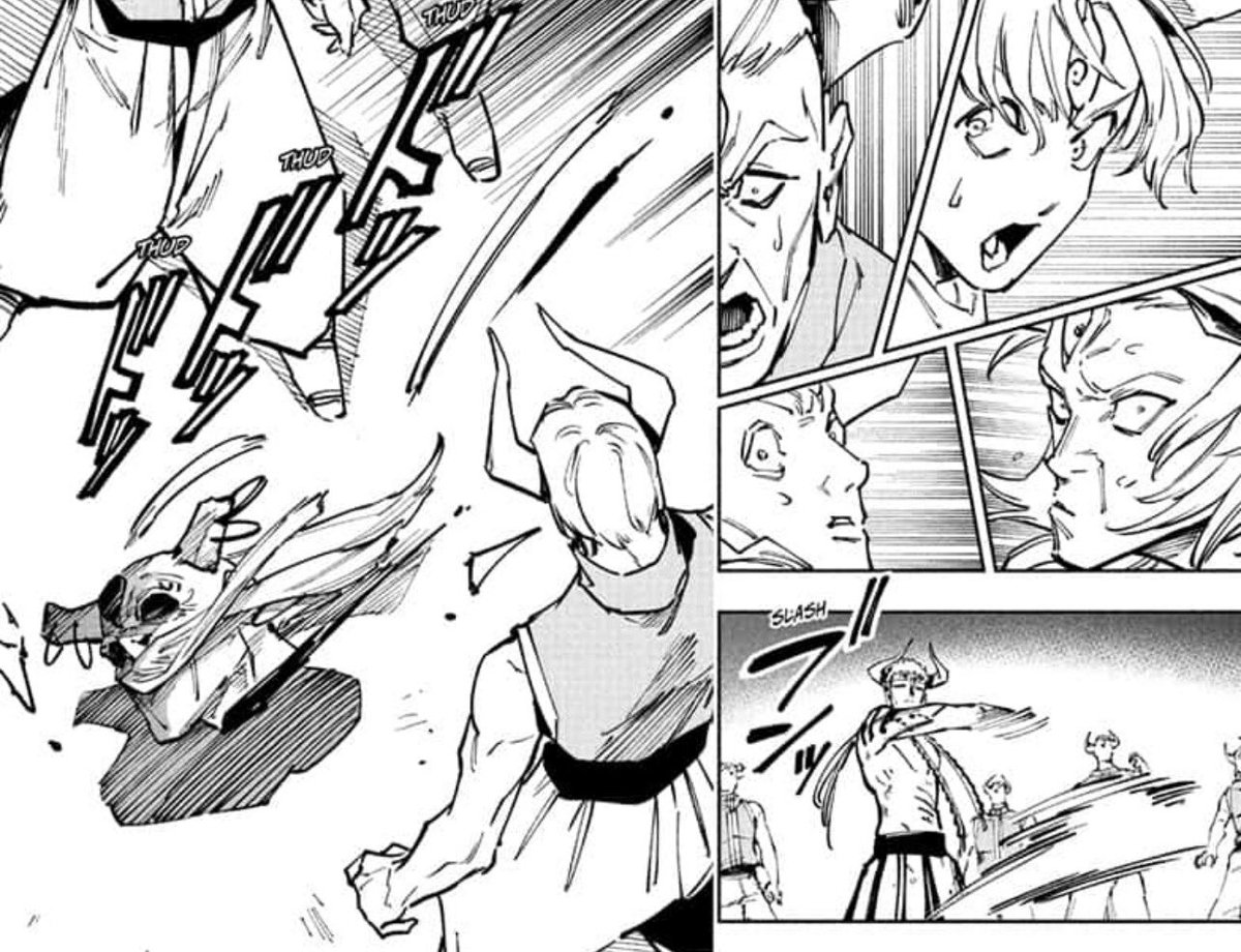 daburakuna's tweet photo. dabura knocking the chieftain’s head clean off with one measly punch is fucking frying me. a man with truly no strength other than that of the curses he cast upon people getting one-shotted by their strongest warrior, the chieftain was a coward #Modulo24 https://t.co/JgwVKUNYYH