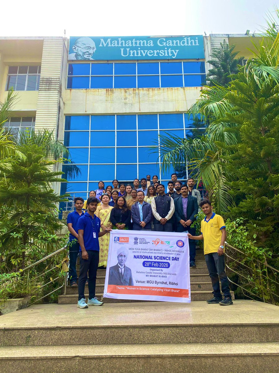 NssMahatma's tweet photo. National Science Day 2026 celebrated at Mahatma Gandhi University MY Bharat, Ri-Bhoi, under the theme “Women in Science: Catalyzing Viksit Bharat.” Certificates awarded to NSS volunteers for completing Disaster Management Training.
#NationalScienceDay #WomenInScience #NSS #MGU https://t.co/qK7abtJh1N