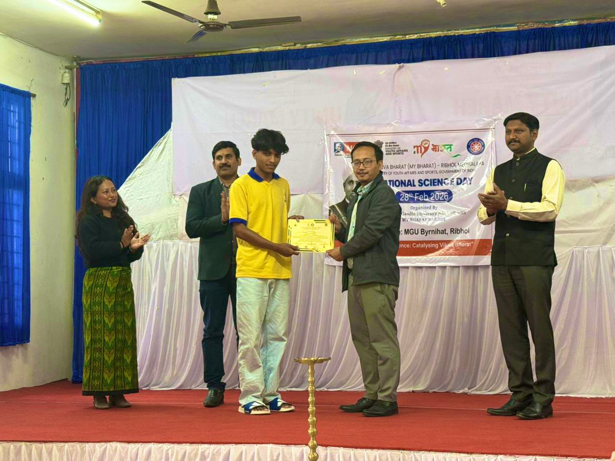 NssMahatma's tweet photo. National Science Day 2026 celebrated at Mahatma Gandhi University MY Bharat, Ri-Bhoi, under the theme “Women in Science: Catalyzing Viksit Bharat.” Certificates awarded to NSS volunteers for completing Disaster Management Training.
#NationalScienceDay #WomenInScience #NSS #MGU https://t.co/qK7abtJh1N