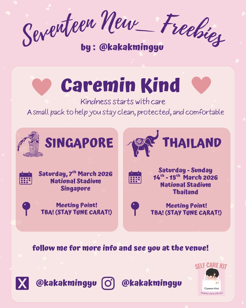 KakakMingyu's tweet photo. SEVENTEEN “NEW_” Singapore & Bangkok Freebies/Giveaway🩵🩷

Caremin Kind
Kindness starts with care
A small pack to help you stay clean, protected, and comfortable

🇸🇬 7 Mar 2026
🇹🇭 14–15 Mar 2026
📍 Meeting point TBA

Can’t wait to share this with you 🩷🩵

#NEW_SINGAPORE 
#NEW_BANGKOK