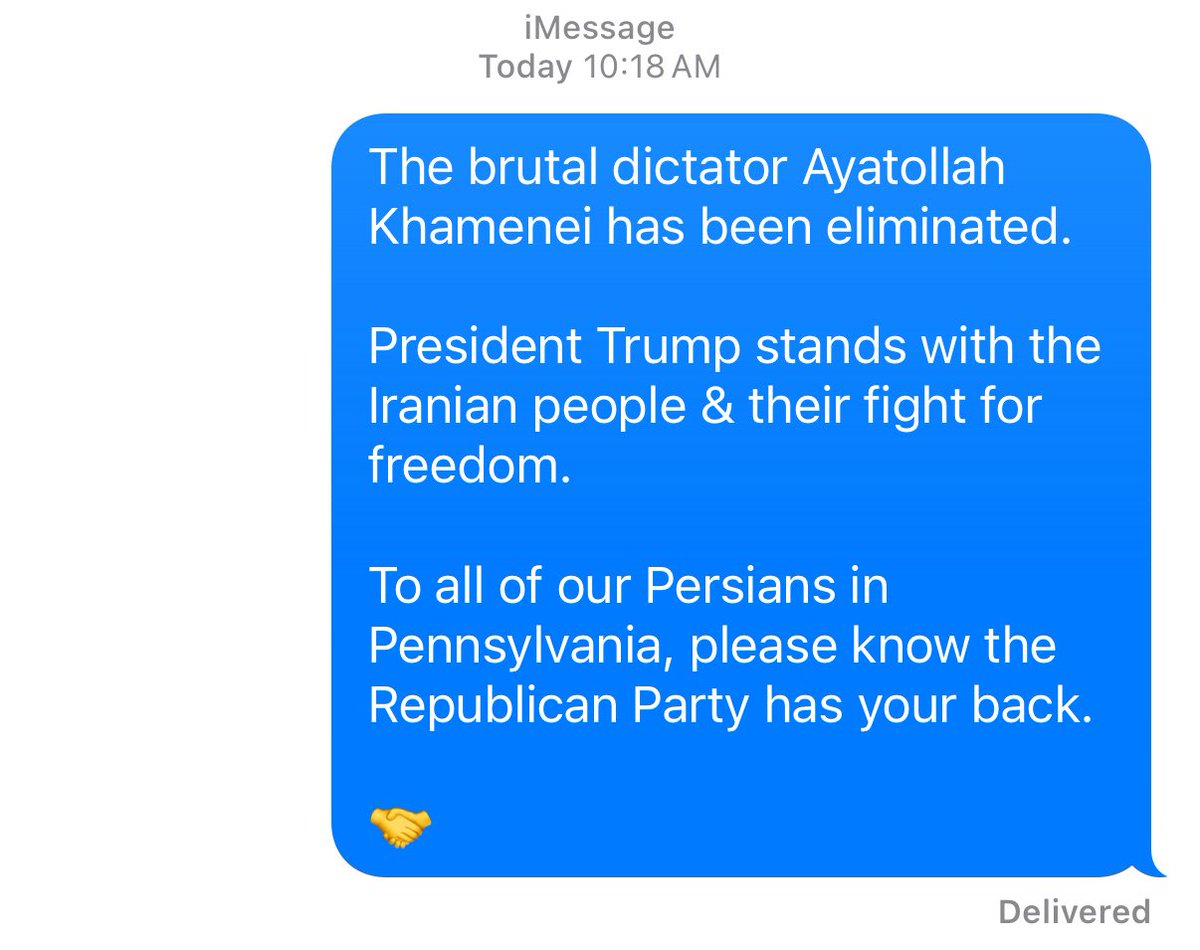 ScottPresler's tweet photo. The @EarlyVoteAction text message is live! 

It’s labeled, “PA Persians”. https://t.co/gl9S1VQ4fy