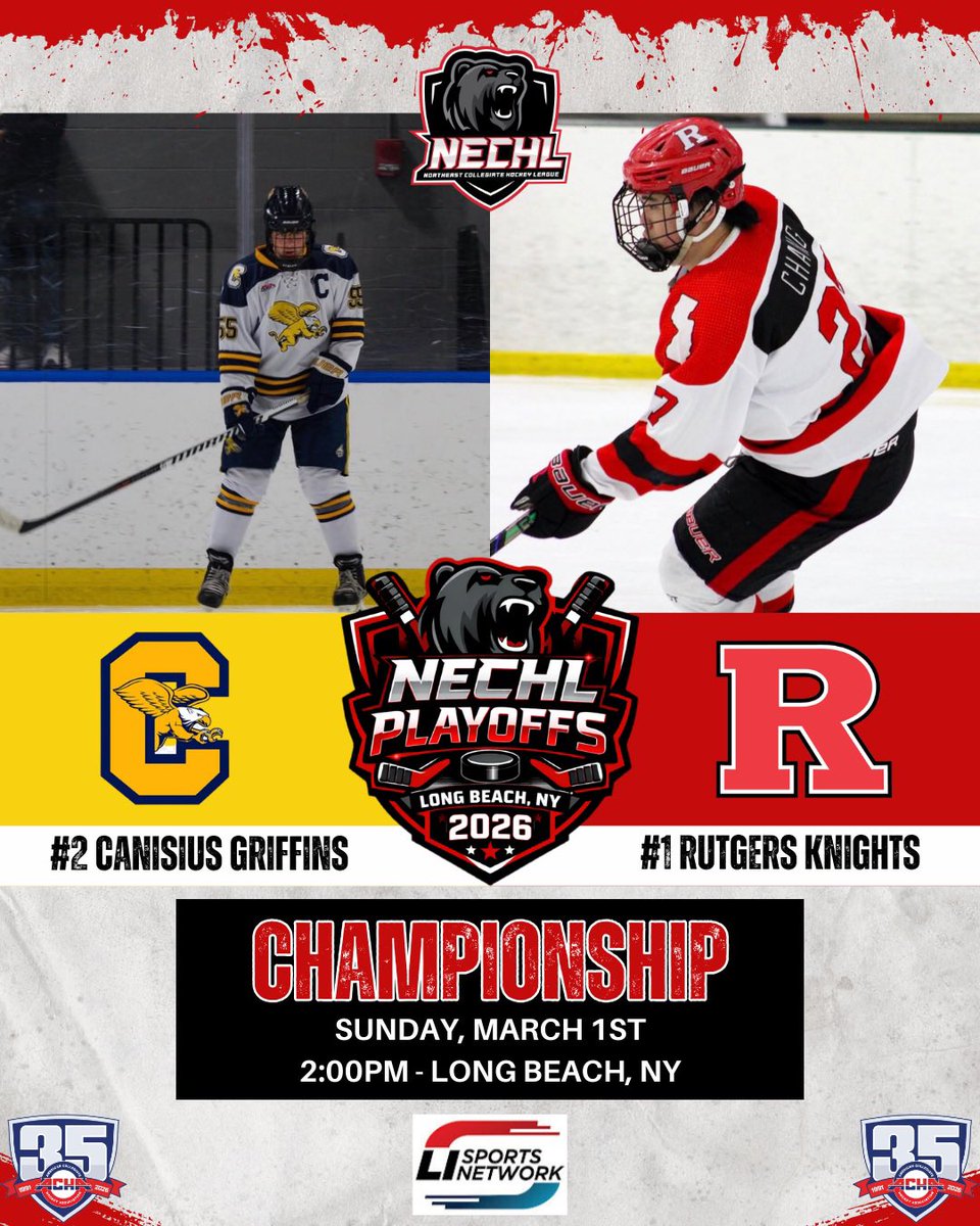 The #nechl Championship Game: 1st Seed Rutgers vs 2nd Seed Canisius

⏰ 2:00pm
📺 youtube.com/live/d6axBDS4h…
📍 Long Beach Municipal Ice Arena
#gameday #playoffs