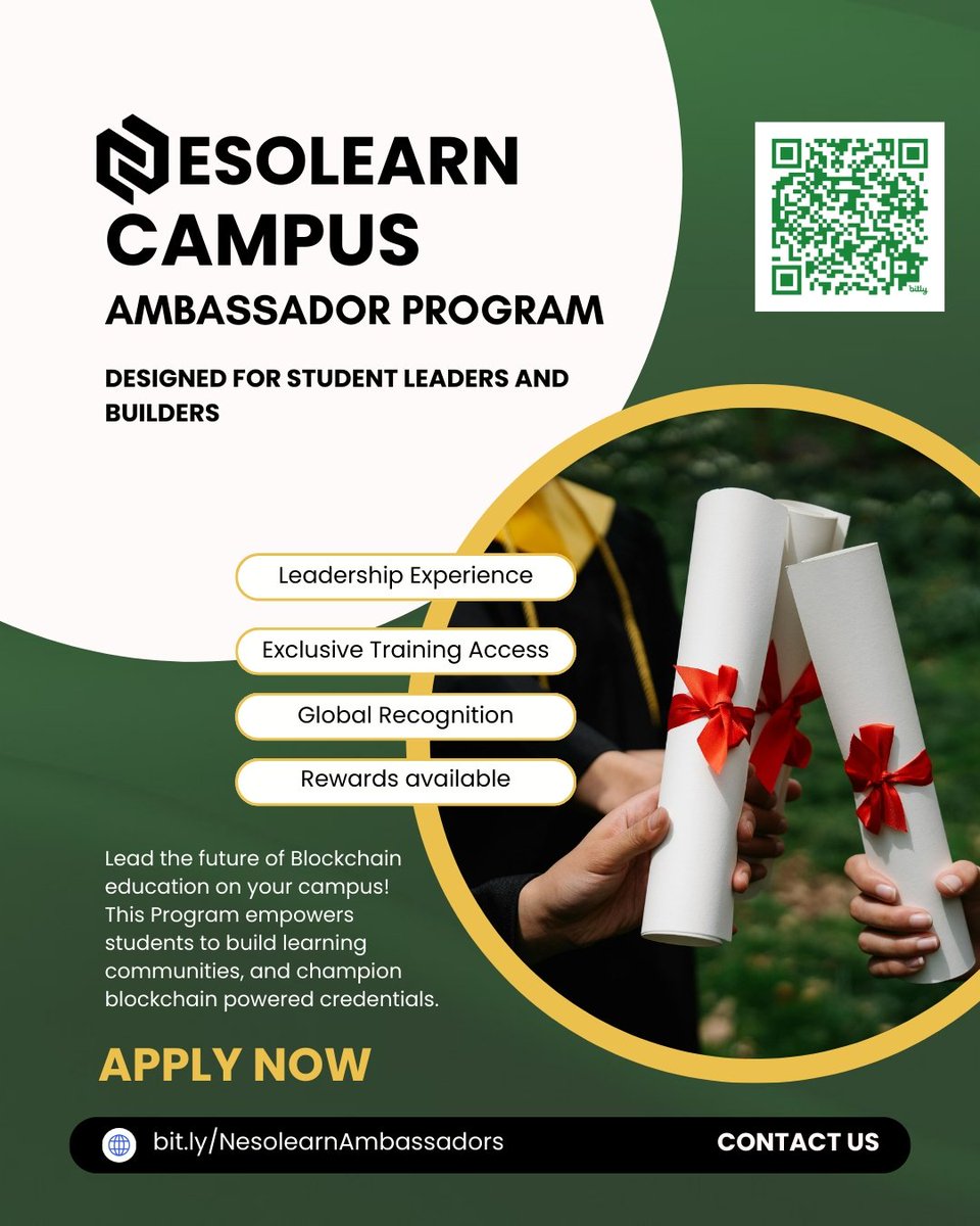 Nesolearn's tweet photo. Applications are now open for the Nesolearn Campus Ambassador Program.

We are recruiting student leaders across universities to help drive blockchain-powered education and credential innovation.

Apply here: https://t.co/1Y5dDu0jVl

Limited positions available. https://t.co/BiNZ40ENB2