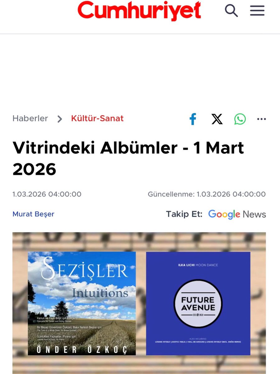 MGÜ Bestecilik Bölüm başkanı besteci-icracı Önder Özkoç’un albümü hakkında Cumhuriyet Gazetesi’nde çıkan yazıya şu linkten ulaşabilirsiniz:

cumhuriyet.com.tr/kultur-sanat/v…
