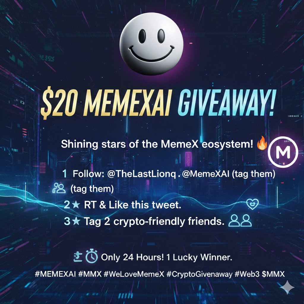 💥Shining stars of the MemeX ecosystem! 

🔥 Simple rules to win the grand prize
1️⃣ Follow: <a href="/TheLastLionq/">Black</a> &amp; @MemeXAI (tag them)
2️⃣ RT &amp; Like this tweet.
3️⃣ Tag 2 crypto-friendly friends.
⏳ Only 24 Hours! 1 Lucky Winner.
#MEMEXAI  #WeLoveMemeX #CryptoGiveaway #Memecoin #Web3 $MMX