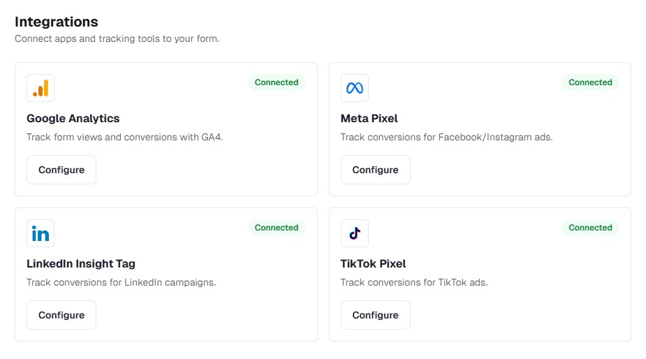 DimaForms's tweet photo. 🚀 New Feature Drop

Our Forms Builder now supports:

• Google Analytics
• Meta Pixel
• TikTok Pixel
• LinkedIn Insight Tag

Track conversions.
Measure ad performance.
Optimize smarter.

More integrations coming soon 👀

#buildinpublic #SaaS #marketing https://t.co/UyrRgfZcjW