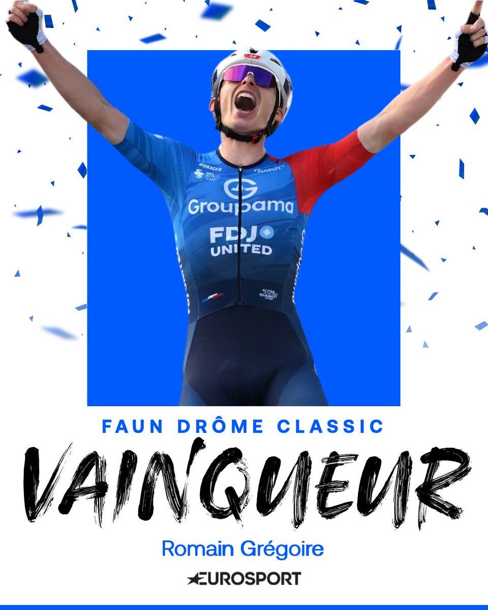 Eurosport_FR's tweet photo. 🇫🇷 Oh qu'elle est belle cette victoire de Romain Grégoire ! 
Le coureur de la Groupama-FDJ United s'offre son 1e succès de la saison, devant Matteo Jorgenson 👏 https://t.co/as0iaSIhp7