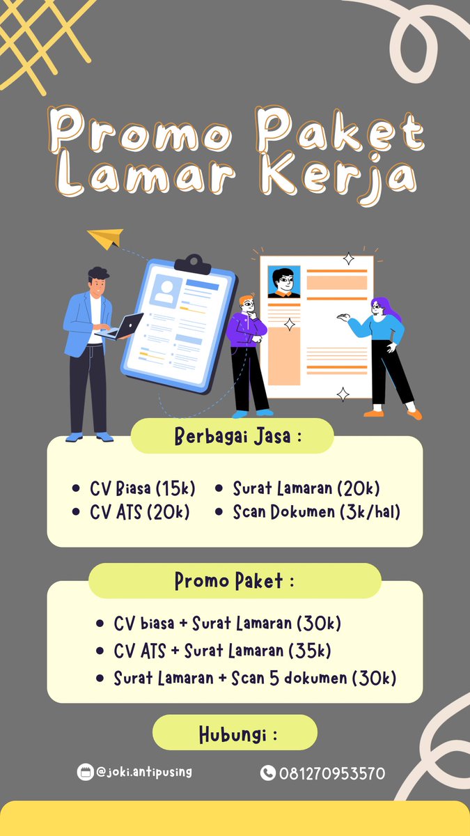 joki4ntipusing's tweet photo. hai gais 👋🏻 open joki cv ats, cv kreatif, surat lamaran, scan dokumen, dan ada paket promo juga loh! 

CV dijamin premium dan profesional 🤩

hubungi https://t.co/8E5j9EMvfF

#cv #jokicv #zonauang #cvats #suratlamaran #carikerja https://t.co/KhjBfFp9vf