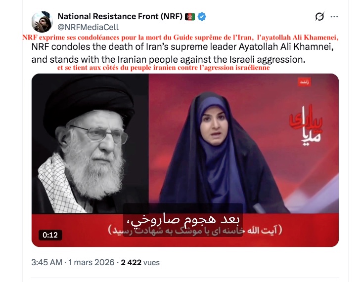denisedetralala's tweet photo. Il est particulièrement choquant que le compte @NRFMediaCell, représentant le Front de résistance nationale (#NRF) d’Afghanistan dirigé par Ahmad #Massoud, ait choisi de présenter publiquement ses condoléances suite au décès de #Khamenei https://t.co/ywXWmTKxs3