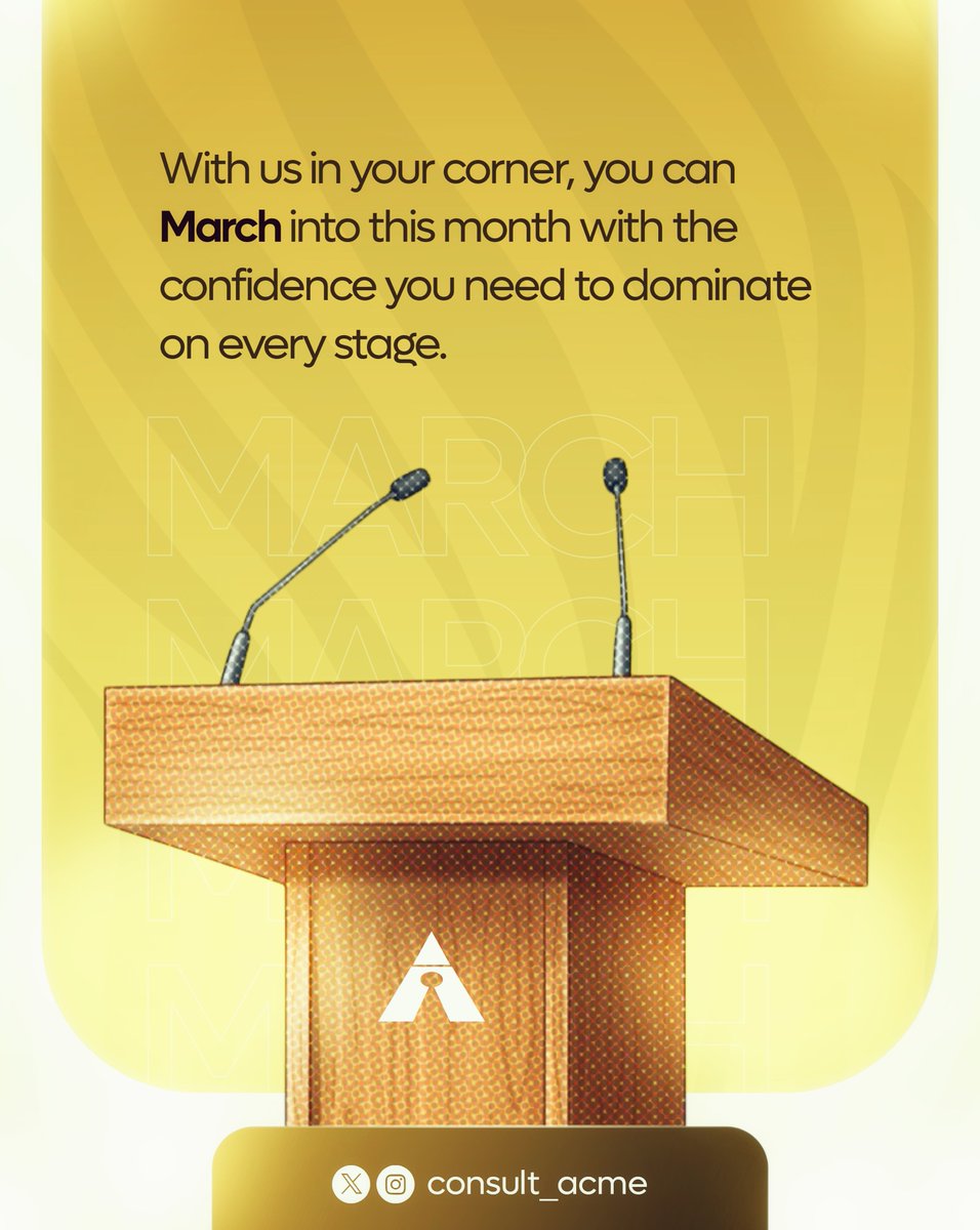 Consult_acme's tweet photo. With us in your corner, you can March into this month with the confidence you need to
dominate on every stage.
#makingthestageyourhabitat #newmonth #march #publicspeaking #oratory https://t.co/8sJLPgjQ4j
