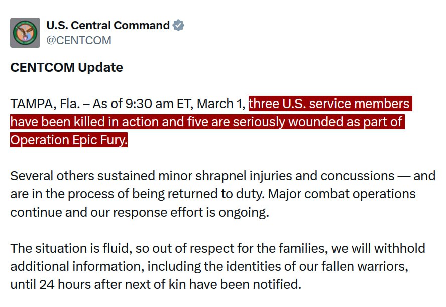 Peace_9100's tweet photo. US CENTRAL COMMAND CONFIRMED  3 US SOLDIERS KILLED AND 5 INJURED BY IRGC STRIKES https://t.co/vQ2Jqf0iyl
