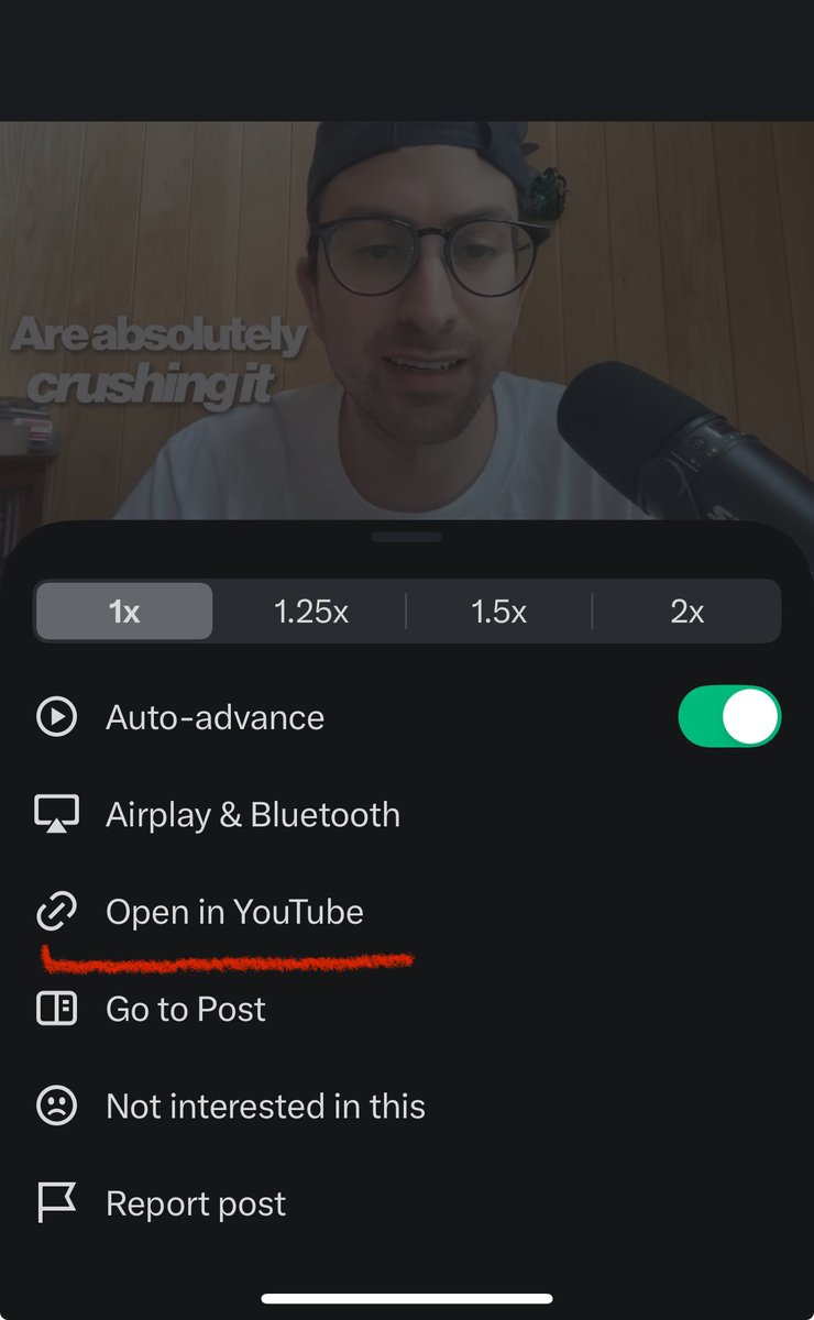 Is X now absorbing YouTube traffic views?

I just found this video from <a href="/gregisenberg/">GREG ISENBERG</a> where he explains vibe marketing &amp; workflows…

I wanted to watch it on YouTube, but it kept playing natively on X. I had to click “…” and then “Open in YouTube” to get the actual link

This
