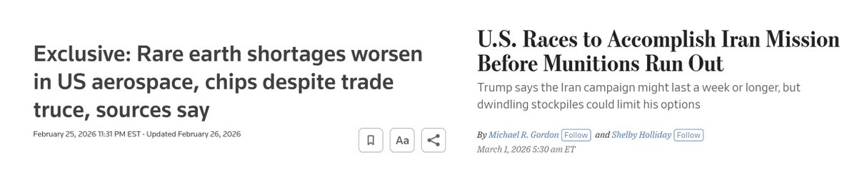 "Amateurs talk tactics; professionals study logistics." 
-USMC Gen. Robert Barrow

Many rightfully noting US hitting Chinese oil supplies; few noting that US cannot restock weapons without Chinese components.

Left headline: Wednesday of last week
Right headline: WSJ today
