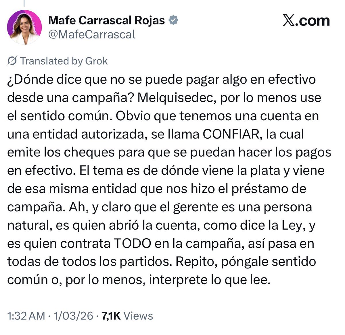 A mí me encanta como la “emocionalidad” de <a href="/MafeCarrascal/">Mafe Carrascal Rojas</a> la lleva a confesar las “irregularidades” de su campaña, la campaña del <a href="/PactoHistorico/">Pacto Histórico Colombia</a>, se pasan la ley por la raja como les da la gana.

Mafecita, mucho cuidado que las facturas registradas en el aplicativo Cuentas