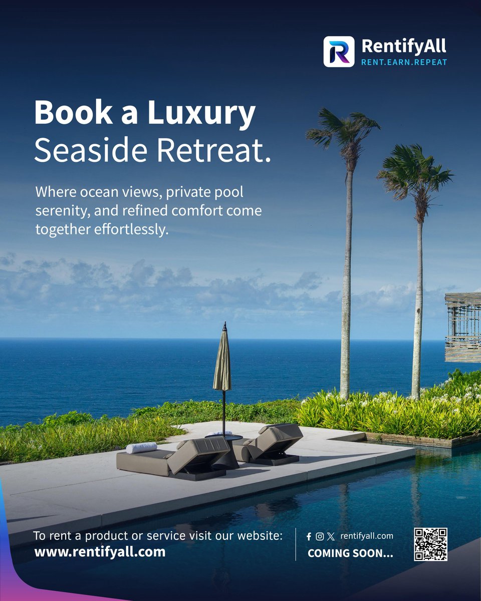 RentifyAll's tweet photo. Book a luxury seaside retreat where ocean views, private pool serenity and redefined comfort come together effortlessly.
#RentifyAll
#RentEarnRepeat
#RentAnythingAnywhere https://t.co/3M6izSEVub