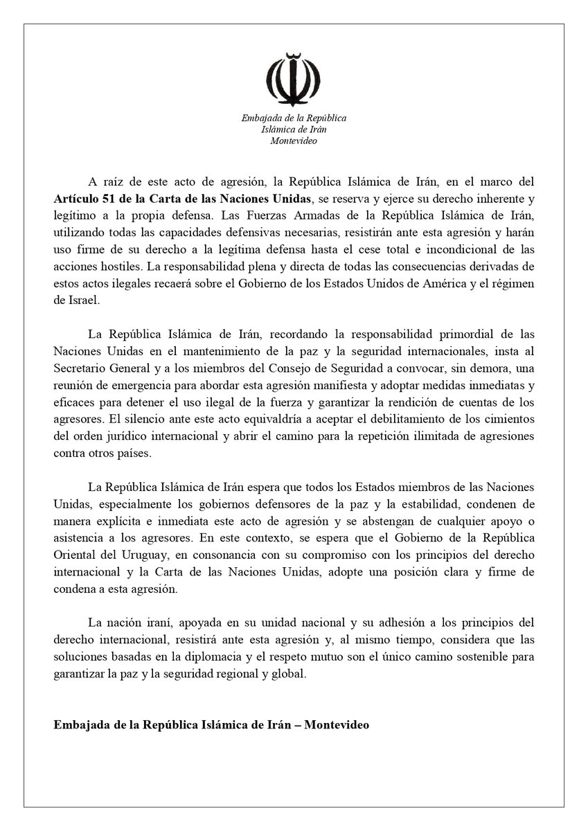 Comunicado de Prensa de la Embajada de la República Islámica de Irán en Montevideo

En relación con la agresión abierta y los ataques armados de los Estados Unidos y el régimen sionista contra la República Islámica de Irán