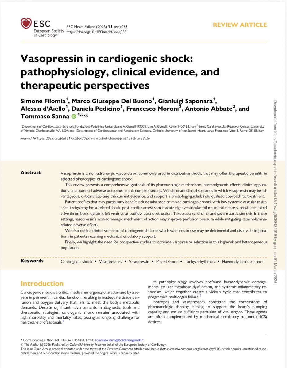 ¿Vasopresina en choque cardiogénico? No es para todos. Puede salvar en shock mixto y bajo SVR… pero empeorar si subes la poscarga.

Por ahí hay gente que la sataniza 
Revisión narrativa recientemente publicada 
🔗 academic.oup.com/eschf/article/…