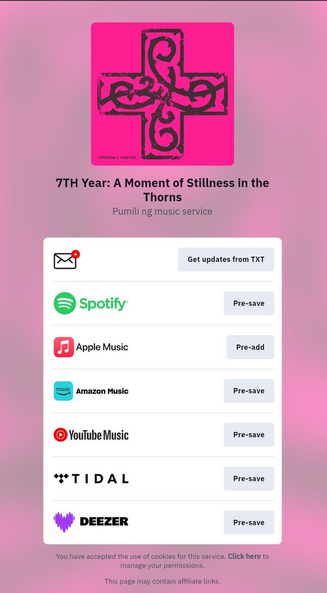 NOTICE | 260302

#TXT’s “7TH YEAR: 가시덤불에 잠시 바람이 멈췄을 때” pre-save and pre-add link for music platforms is now available!

Pre-save and pre-order now! 👇
🔗 tomorrowxtogether.lnk.to/7thyear

TXT NEW ERA IS COMING
#7TH_YEAR
#가시덤불에_잠시_바람이_멈췄을_때
#TOMORROW_X_TOGETHER