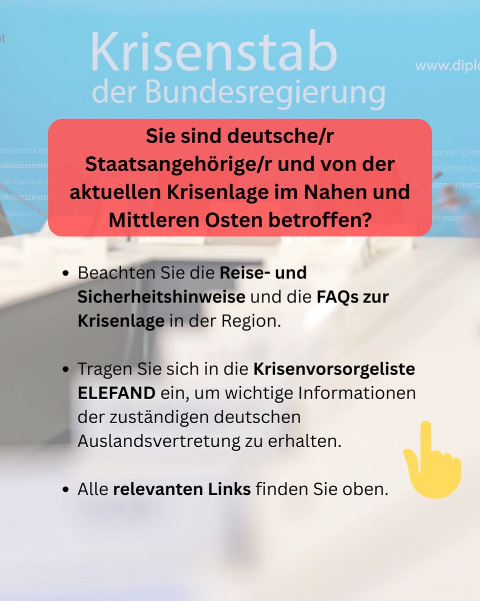 ‼️Wichtige Informationen zur Lage im Nahen und Mittleren Osten:

👉 Krisenvorsorgeliste ELEFAND: krisenvorsorgeliste.diplo.de/signin

👉 FAQ zur aktuellen Lage im Nahen und Mittleren Osten: auswaertiges-amt.de/de/aussenpolit…

👉 Reise- und Sicherheitshinweise: auswaertiges-amt.de/de/reiseundsic…
