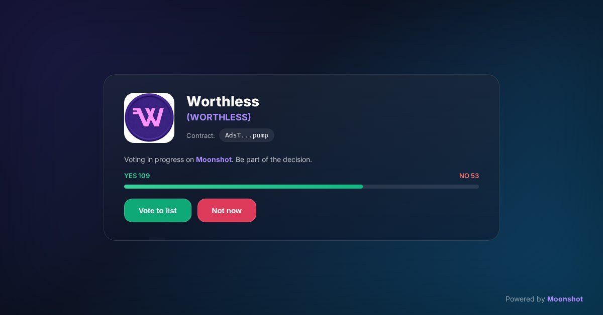 abhirele's tweet photo. $WORTHLESS is really close to Moonshot listing — we're only a handful of votes away.
We're already at the last step with Moonshot, so now it's on the community to show up. This vote could be what makes it happen.

https://t.co/eN8IddV8YI https://t.co/YZDPO08j6V