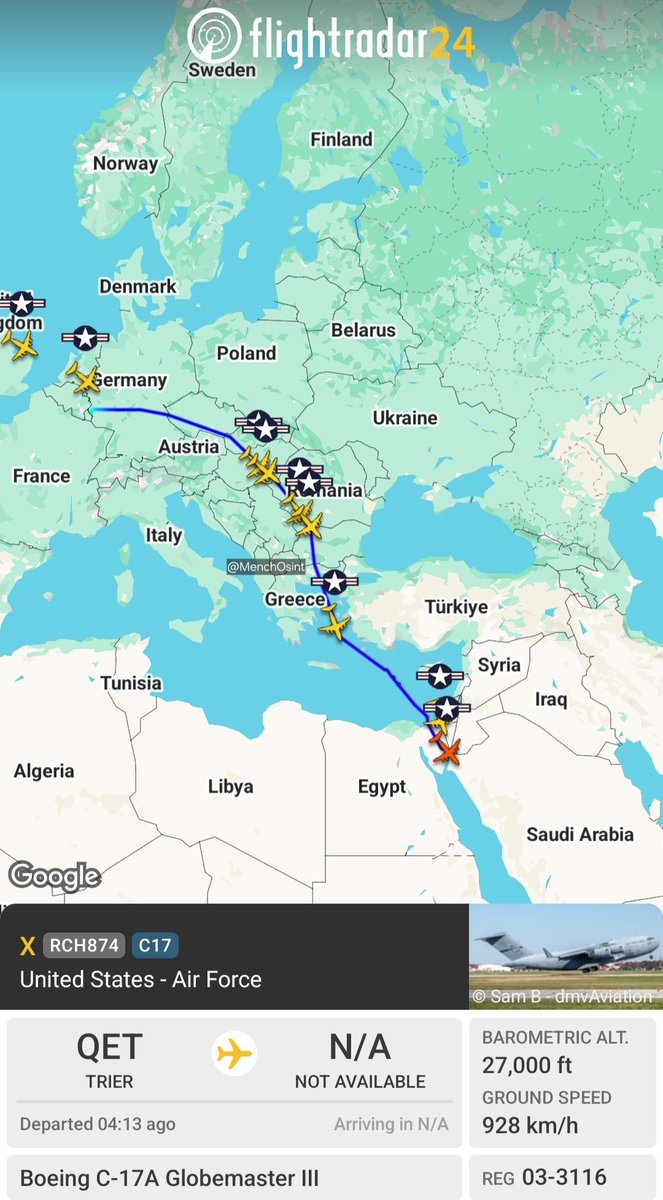 stefanpiusd's tweet photo. ✈️🇺🇲 Several US Air Force C-17 Cargo planes are en route to Muwaffaq Salti Air Base, Jordan, Ali Al Salem Air Base, Kuwait &amp; Ovda Air Base, Israel
#Khamenei #Iran #usa https://t.co/YcPr2QVBAc