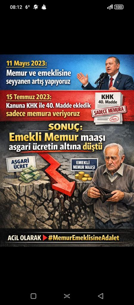 <a href="/meteoguz1981/">5510--5434-- memur ayrımına HAYIR</a> <a href="/fyiit10/">Firdevs Yiğit</a> Daha neler neler uygulanmıyor bir bilseniz
Memur emeklisi görevdeki memurun geleceğidir, geleceğiniz olarak sefaletle yüzleşmemeniz için bir mücadele vermeye çalışıyoruz ama maalesef gerekli ilgiyi göremiyoruz kardeşim
#EemekliMemur
#MemurEmeklisineAdalet