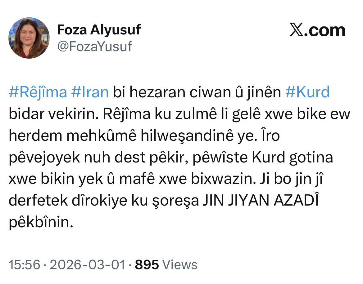 Rojava’daki PYD’li Foza Alyusuf (<a href="/FozaYusuf/">Foza Alyusuf</a>) hakkaniyetli bir paylaşım yaptı ve “halkına zulüm yapan rejim mutlaka yıkılmaya mahkümdür” dedi.

PYD’lileri ne kadar eleştirsek de DEM Parti gibi direkt Ülkücü Bahçeli-Öcalan ikilisinin güdümünde olmadıkları için Kürtlerin iyiliğini