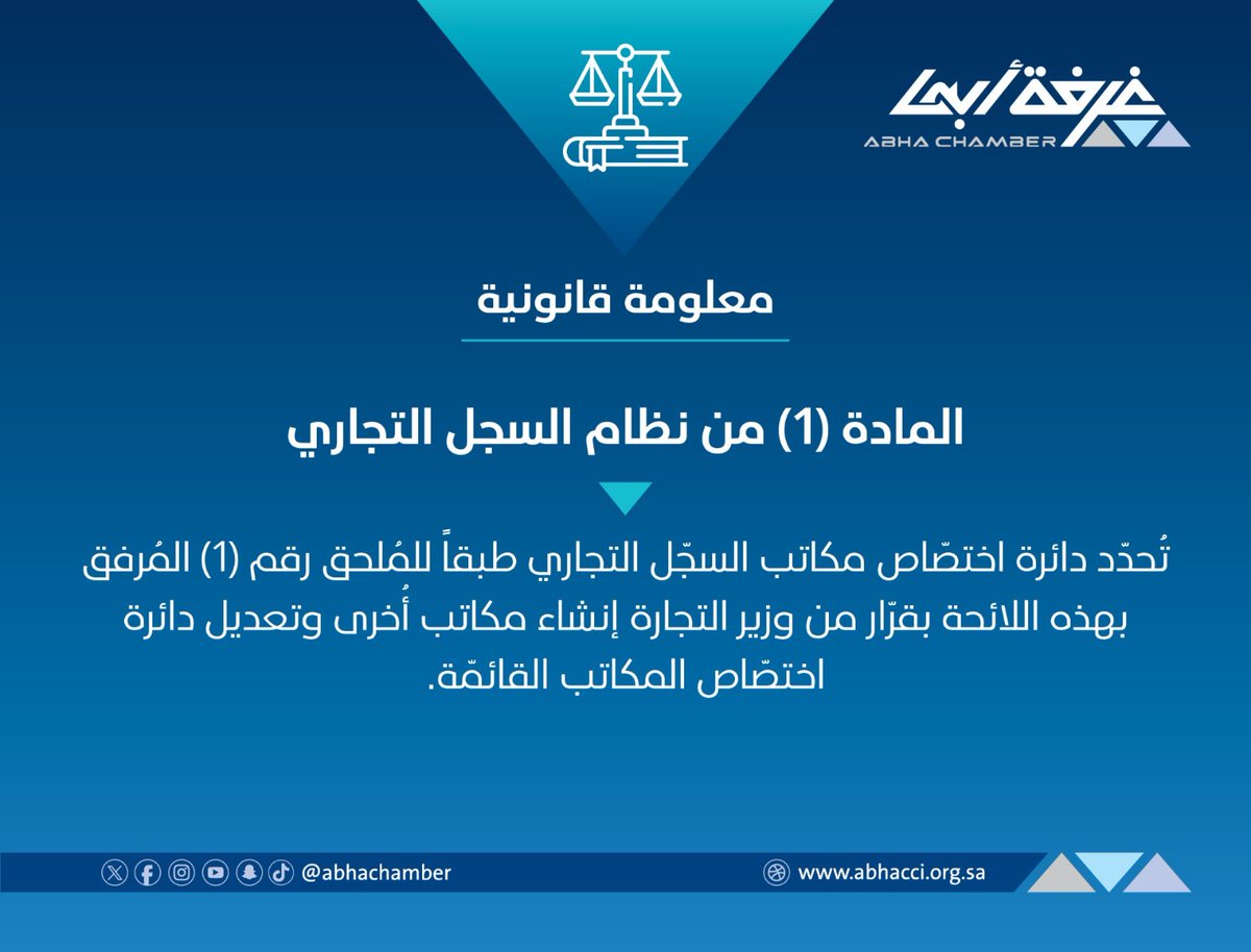 abhachamber's tweet photo. 🔹#معلومة_قانونية
المادة (1) من #نظام_السجل_التجاري
تُحدّد دائرة اختصّاص مكاتب السجّل التجاري طبقاً للمُلحق رقم (۱) المُرفق بهذه اللائحة بقرّار من وزير التجارة إنشاء مكاتب أُخرى وتعديل دائرة اختصّاص المكاتب القائمّة.
#هنا_تصنع_الفرص
#خدماتنا_أسهل
#غرفة_أبها
#abha_chamber https://t.co/eSIgd2hxAx