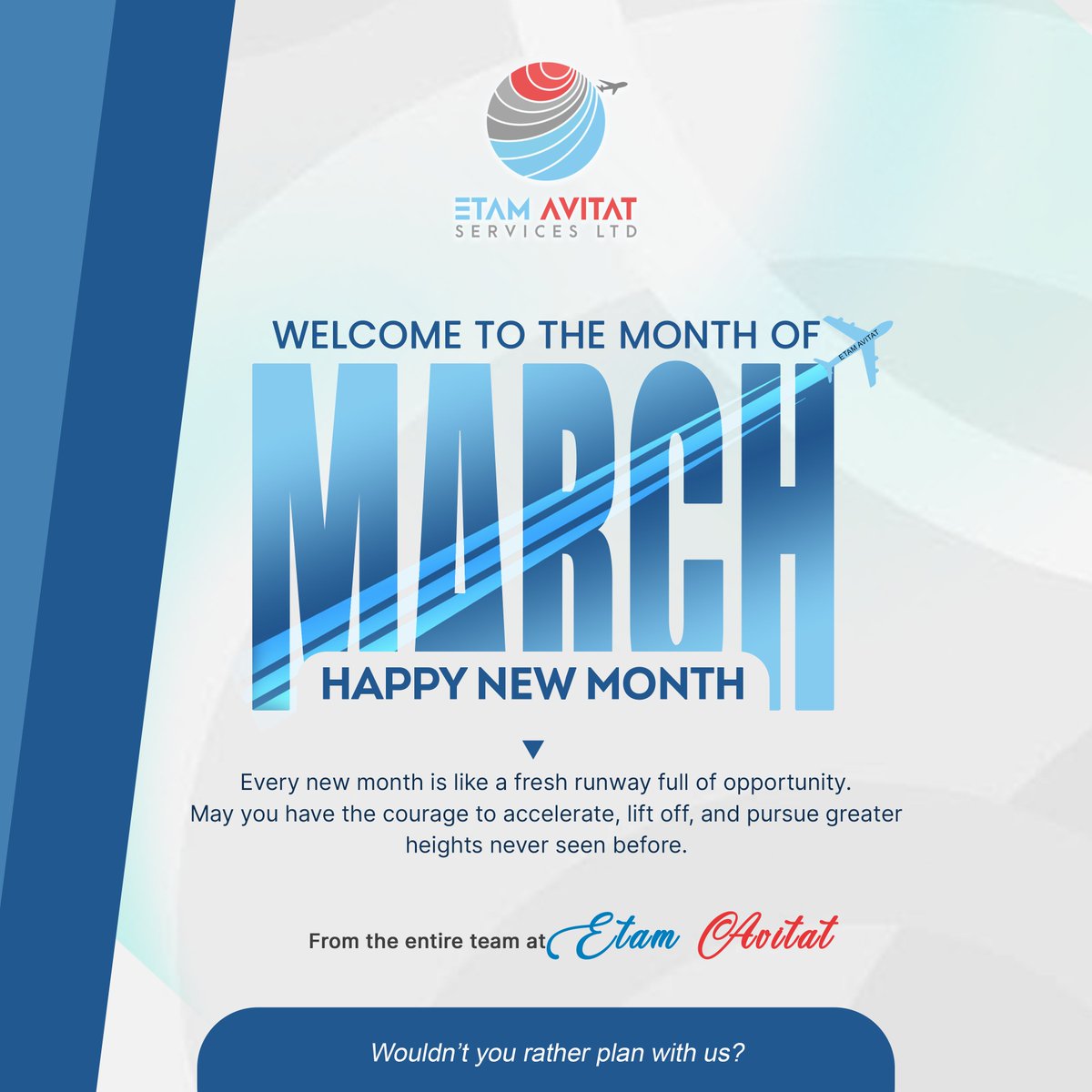 Etam_ltd's tweet photo. Happy New Month!

From all of us at Etam Avitat Services Ltd.

Wouldn't you rather plan with us?

#NewMonthNewHeights #ClearedForTakeoff #FebFlightPlan
#ElevateFebruary #March2026 #SkyBound #SmoothLandings #HorizonChaser https://t.co/1XEmpRrfm6