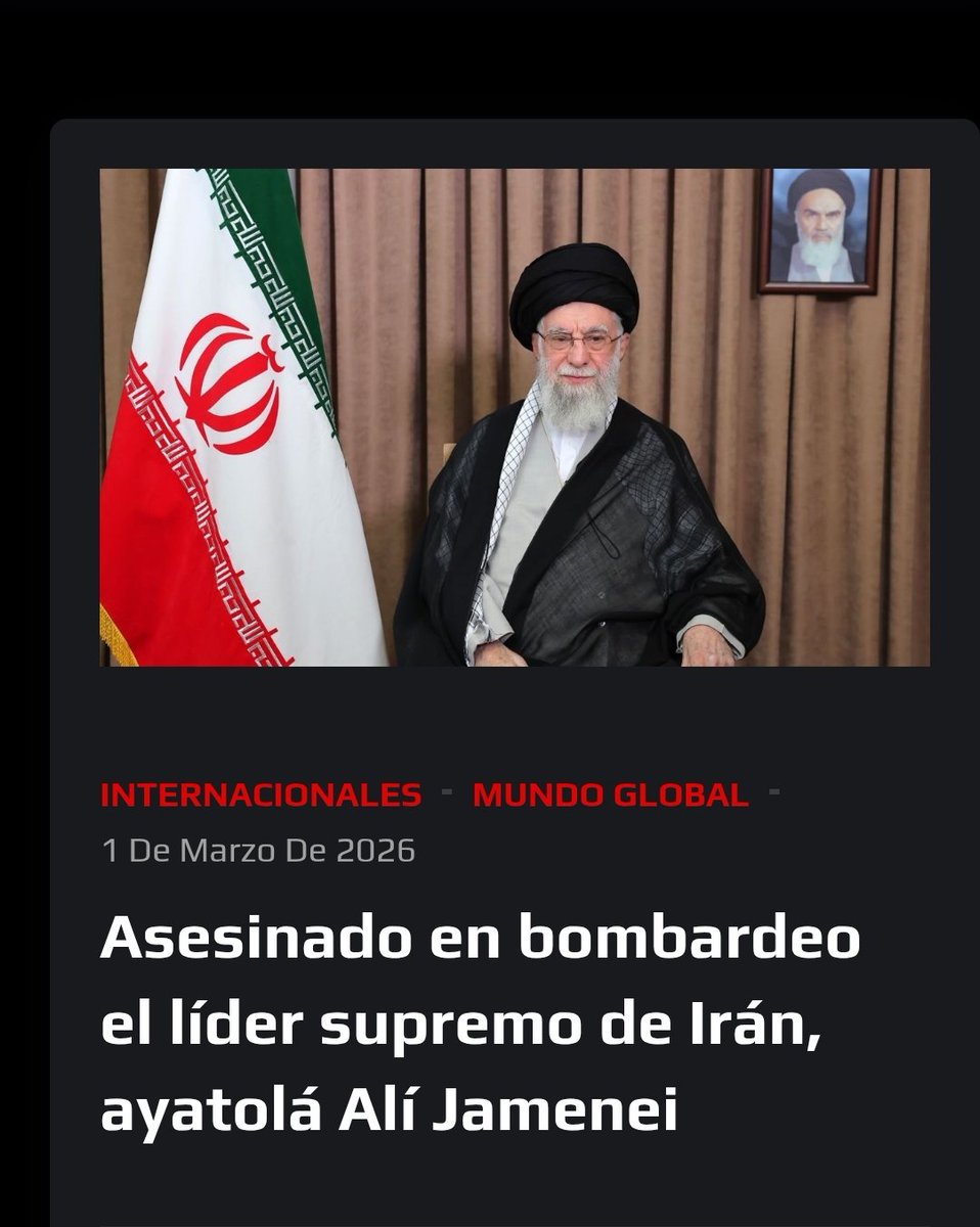 angel40924's tweet photo. El líder supremo de Irán, el ayatolá Alí Jamenei, fue asesinado en un bombardeo dirigido contra su complejo en el centro de Teherán, así lo confirmaron medios estatales iraníes.

El asesinato en su oficina “mostró que se mantuvo constantemente entre el pueblo y a la vanguardia de sus responsabilidades, enfrentando lo que los funcionarios llaman arrogancia global”, declaró la televisión estatal.

La ofensiva lanzada contra Irán en las últimas horas ha asesinado al menos a 200 personas y herido a 700 en todo el país, según la Media Luna Roja. Además del ayatolá Ali Jameneí, entre las víctimas figuran siete altos cargos iraníes, incluidos el ministro de Defensa, Aziz Nasirzadeh, y el comandante de la Guardia Revolucionaria, Mohamed Pakpur.
#Iran