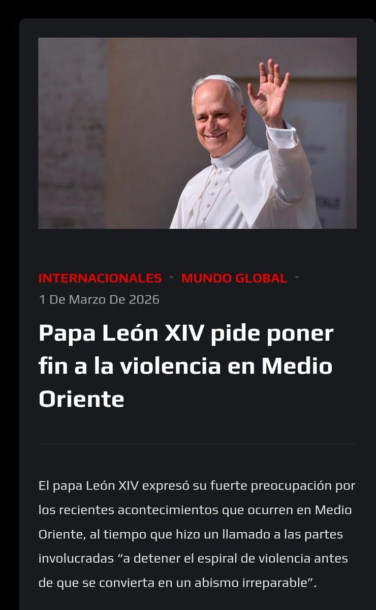 angel40924's tweet photo. El papa León XIV expresó su fuerte preocupación por los recientes acontecimientos que ocurren en Medio Oriente, al tiempo que hizo un llamado a las partes involucradas “a detener el espiral de violencia antes de que se convierta en un abismo irreparable”.

“La estabilidad y la paz no se construyen con amenazas mutuas ni con armas que siembran destrucción, dolor y muerte, sino solo mediante un diálogo razonable, auténtico y responsable”, dijo.

Asimismo, León XIV afirmó que “Ante la posibilidad de una tragedia de enormes proporciones, dirijo a las partes implicadas un sentido llamamiento para que asuman la responsabilidad moral de detener la espiral de violencia antes de que se convierta en un abismo irreparable”.
#Iran