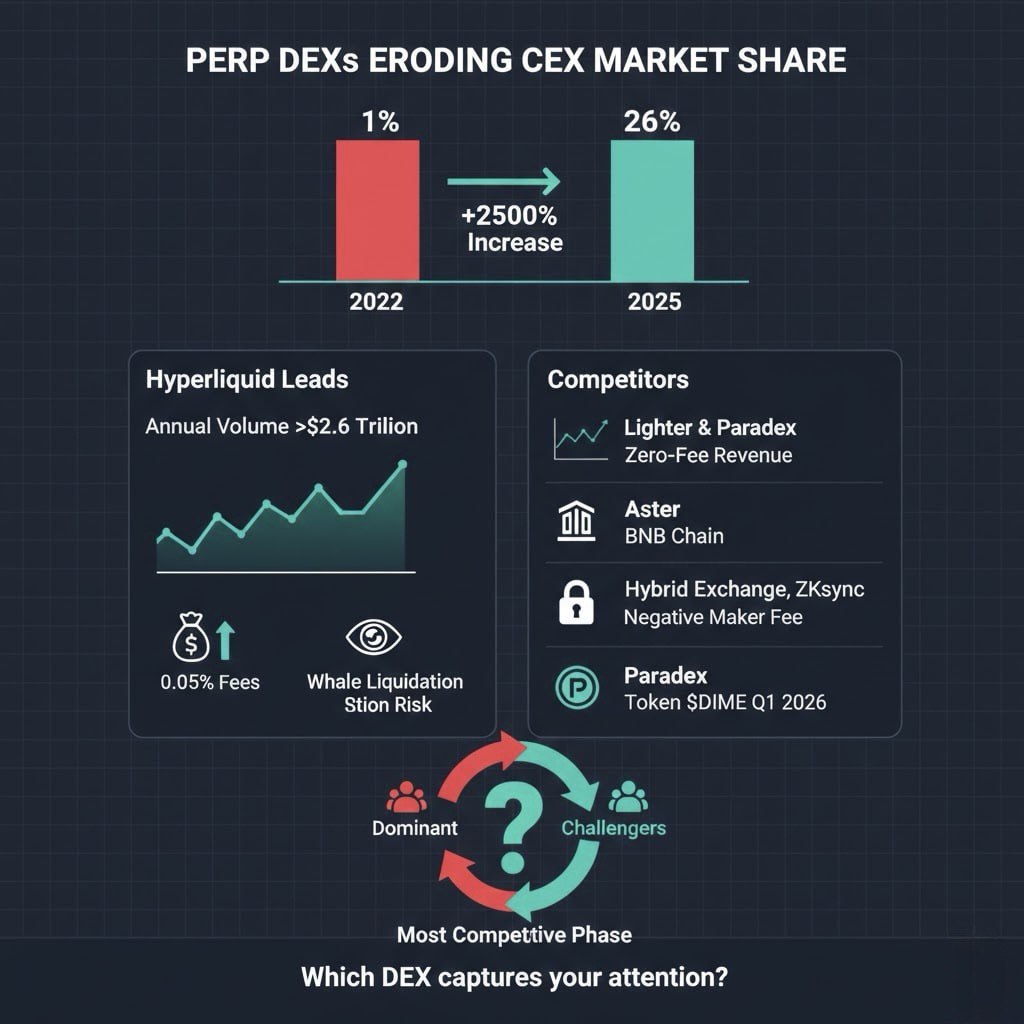 CoinCrazeCen's tweet photo. 🔁 ARE PERP DEXs ERODING CEX MARKET SHARE?
In 2022, Perp DEXs accounted for just 1% of the crypto derivatives market.
By 2025, that figure has surged to 26%.
👉 This is no longer a trend — it is a structural shift.
━━━━━━━━━━━━━━━━━
🏆 Hyperliquid Leads the Market
Annual trading volume has surpassed $2.6 trillion, with more than 978,000 real users. However, two structural issues remain:
💰 Retail traders pay 0.05% fees, while large traders pay only 0.0175%.
👀 All positions are fully public on-chain — making whales visible and vulnerable to liquidation hunting.
━━━━━━━━━━━━━━━━━
⚔️ Competitors See an Opening
🔹 Lighter and Paradex — zero-fee models gaining market share rapidly.
🔹 Aster — backed by BNB Chain, reportedly generating higher daily fee revenue than Hyperliquid during Q4 2025.
🔹 GRVT — a “hybrid exchange” built on ZKsync, combining CEX-level speed with DEX-level asset control. Taker fee: 0.045%. Maker fee: negative (rebate model) — liquidity providers earn instead of paying fees. TGE expected in Q1 2026.
🔹 Paradex — incubated by Paradigm. During Season 2, daily trading volume increased from $68 million to $2.1 billion. Token $DIME is expected to launch (TGE) in March.
━━━━━━━━━━━━━━━━━
📍 The Perp DEX sector is entering its most competitive phase yet: a dominant leader charging premium fees — and a wave of challengers proving alternative models are possible.
Which DEX currently captures your attention?