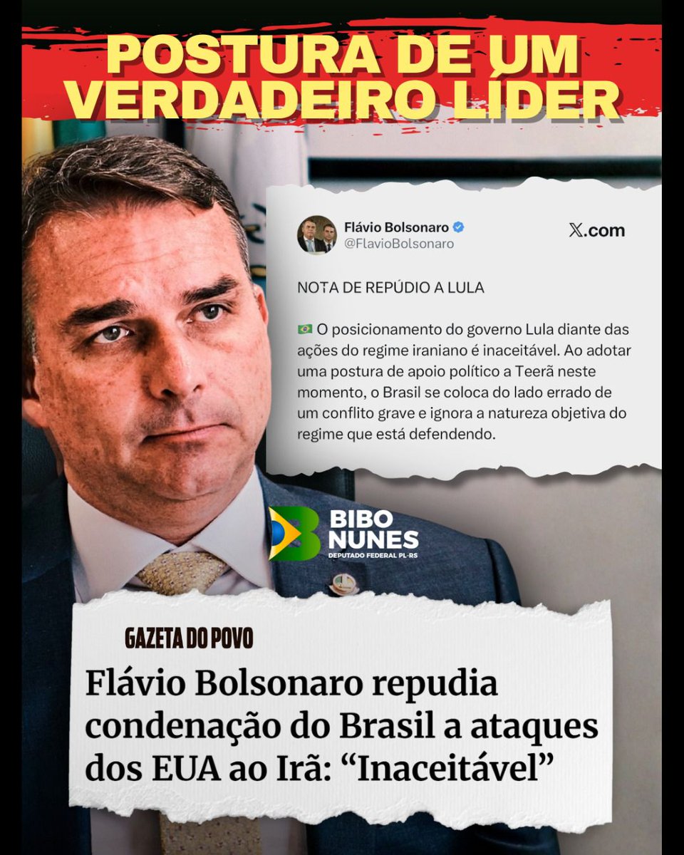 bibonunes1's tweet photo. O senador e pré-candidato à Presidência Flávio Bolsonaro divulgou uma nota em que repudia o que classificou como “apoio indireto” do governo de Luiz Inácio Lula da Silva a Teerã, considerando a posição “moralmente errada”.

Após os ataques envolvendo Estados Unidos, Israel e o Irã, o Ministério das Relações Exteriores divulgou nota oficial condenando as ações militares e defendendo “máxima contenção” e diálogo diplomático.

A divergência expõe mais um embate entre oposição e governo sobre a condução da política externa brasileira e o posicionamento do país em conflitos internacionais.

👉 Siga para acompanhar os desdobramentos da política externa.

🔁 Compartilhe para ampliar esse debate!