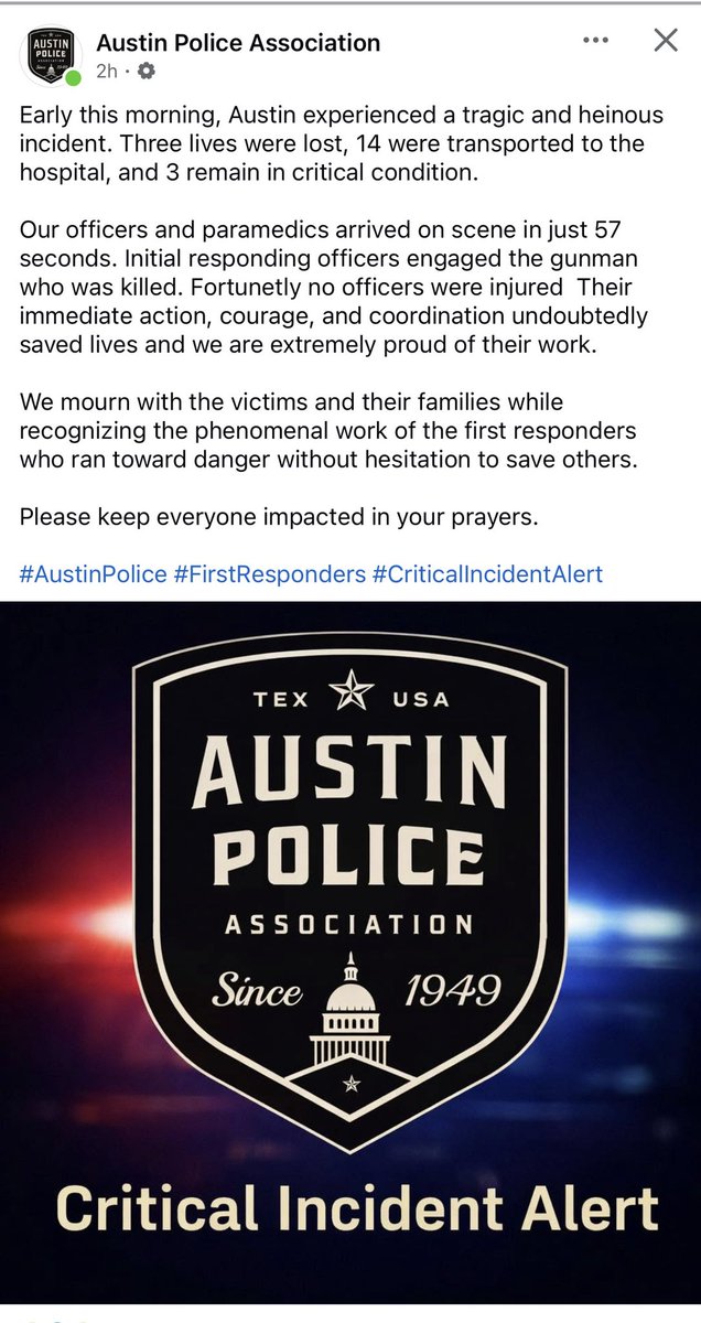 Cleo_Petricek's tweet photo. Another mass shooting in austin. Thank u all first responders - arrival in 57 seconds!!!!

@Austin_Police @ATXPOA @APDChiefDavis https://t.co/bBbY0dkraO