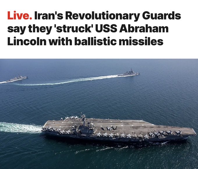 AGORA:

Irã ataca porta-aviões USS Abraham Lincoln dos Estados Unidos, pelo menos quatro mísseis iranianos atingiram a embarcação ...   👀    👇