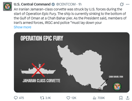 geotechwar's tweet photo. CENTCOM Update: 3 U.S. troops KIA, 5 seriously wounded; minor shrapnel cases—fluid ops, next-of-kin notified.
#Tehran #US #Israel #Iran #Qatar #UAE #OPERATION_EPIC_FURY #Dubai #Khamenei
U.S. sinks Iranian Jamaran-class corvette at Chah Bahar pier.
IRGC falsely claims USS Abraham Lincoln hit by 4 ballistic missiles—CENTCOM debunks.