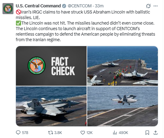 geotechwar's tweet photo. CENTCOM Update: 3 U.S. troops KIA, 5 seriously wounded; minor shrapnel cases—fluid ops, next-of-kin notified.
#Tehran #US #Israel #Iran #Qatar #UAE #OPERATION_EPIC_FURY #Dubai #Khamenei
U.S. sinks Iranian Jamaran-class corvette at Chah Bahar pier.
IRGC falsely claims USS Abraham Lincoln hit by 4 ballistic missiles—CENTCOM debunks.