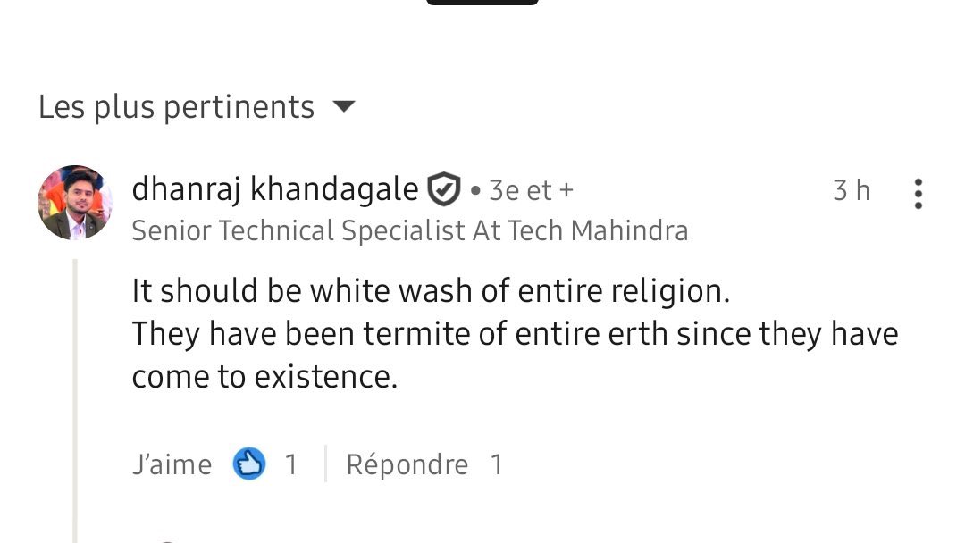 Hey <a href="/tech_mahindra/">Tech Mahindra</a> your employee is openly calling for the genocide of Muslims, very publically, while proudly showing that he's a loyal employee of your company. Are these the kind of people you hire? <a href="/anandmahindra/">anand mahindra</a>
