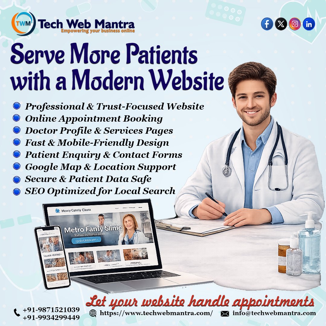techwebmantra2's tweet photo. Want to serve more patients and grow your clinic faster? 🏥🚀
Tech Web Mantra builds modern medical websites with online appointment booking, mobile-friendly design, and local SEO.
📞 +91-9871521039
🌐 https://t.co/Nq8bhFn2XJ
#TechWebMantra #ClinicGrowth #DoctorWebsite https://t.co/9Iip87R1n6