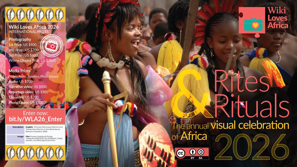 wikilovesafrica's tweet photo. 🔥 Wiki Loves Africa 2026 is OPEN
Theme: Rites &amp; Rituals

Ceremonies — 
and everyday acts —
that shape life, identity &amp; belonging.

📸🎥🎧 Enter now: https://t.co/kslE6crmWq
 🗓 Closes 30 April 2026
 #WikiLovesAfrica #RitesAndRituals https://t.co/POOvRZZ7mp
